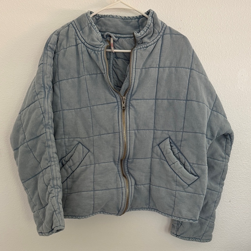 Free People Quilted Blue Zip-Up Jacket